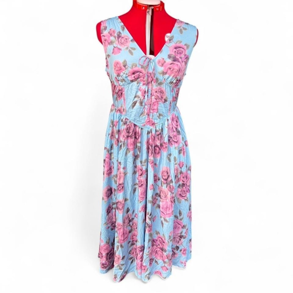 Torrid Corset Detail Midi‎ Dress Blue With Pink Flowers Floral Sleeveless M/L 10